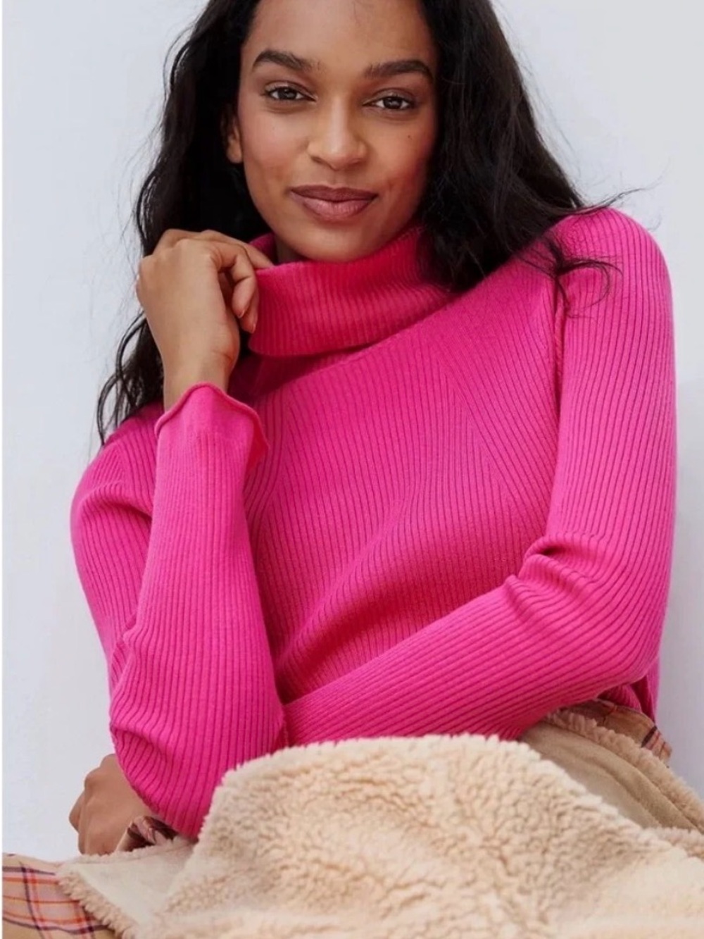 MAEVE (Anthropologie) Fuchsia Pink Rib Knit Turtleneck Sweater with slit cuffs.